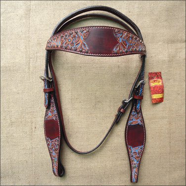 HILASON WESTERN LEATHER HORSE BRIDLE HEADSTALL MAHOGANY TURQUOISE HAND CARVED