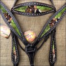 HILASON WESTERN LEATHER HORSE HEADSTALL BREAST COLLAR PAINTED PORTRAIT BLACK