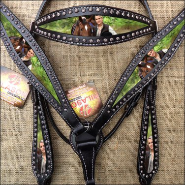 HILASON WESTERN LEATHER HORSE HEADSTALL BREAST COLLAR PAINTED PORTRAIT BLACK