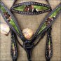 HILASON WESTERN LEATHER HORSE HEADSTALL BREAST COLLAR PAINTED PORTRAIT BLACK