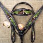 HILASON WESTERN LEATHER HORSE HEADSTALL BREAST COLLAR PAINTED PORTRAIT BLACK