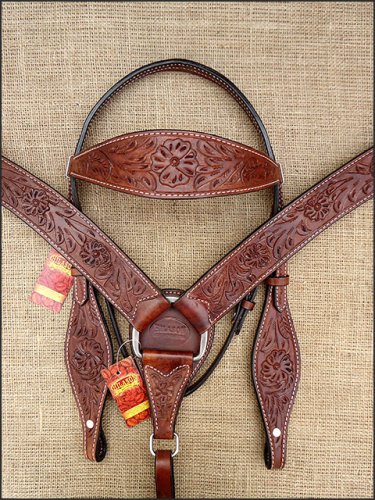 DARK BROWN HILASON WESTERN HAND TOOLED LEATHER HORSE BRIDLE BREAST COLLAR