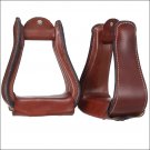 TOUGH 1 WIDE LEATHER COVERED HORSE STIRRUPS PAIR W/ DARK OIL 2 1/2" NECK