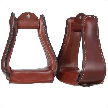 TOUGH 1 WIDE LEATHER COVERED HORSE STIRRUPS PAIR W/ DARK OIL 2 1/2" NECK