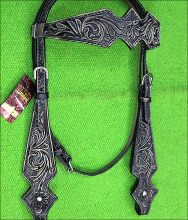 HILASON LEATHER WESTERN HORSE HEADSTALL BRIDLE BLACK RUSTIC VINTAGE FLORAL