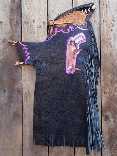 CH807F- HILASON BULL RIDING SOFT SMOOTH LEATHER PRO RODEO WESTERN CHAPS BLACK