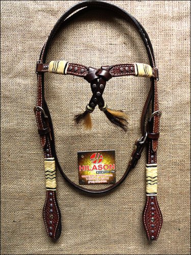 NEW HILASON WESTERN LEATHER RAWHIDE BRAIDED HORSE BRIDLE HEADSTALL - DARK BROWN
