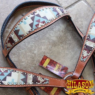 HILASON WESTERN LEATHER HORSE BRIDLE HEADSTALL BREAST COLLAR AZTEC PAINTED
