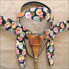 T63 WESTERN LEATHER HORSE HEADSTALL BRIDLE BREAST COLLAR SET FUN PRINT