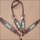 WESTERN LEATHER HORSE BRIDLE HEADSTALL BREAST COLLAR BROWN GREEN BEADED INLAY