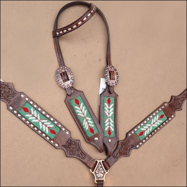 WESTERN LEATHER HORSE BRIDLE HEADSTALL BREAST COLLAR BROWN GREEN BEADED INLAY