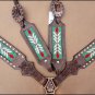 WESTERN LEATHER HORSE BRIDLE HEADSTALL BREAST COLLAR BROWN GREEN BEADED INLAY