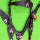 HILASON WESTERN LEATHER HEADSTALL BREAST COLLAR BROWN CROSS GUN CONCHO
