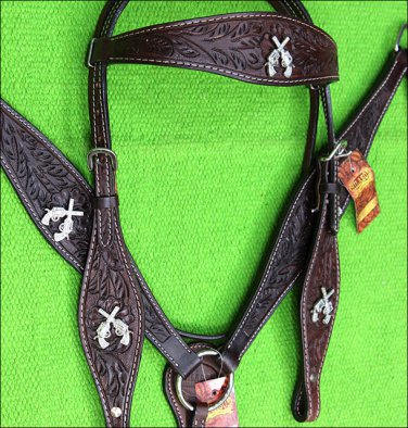 HILASON WESTERN LEATHER HEADSTALL BREAST COLLAR BROWN CROSS GUN CONCHO