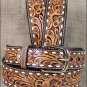 32 X 1 3/4" 3D NATURAL MENS WHITE STITCH FLORAL WESTERN FASHION LEATHER BELT