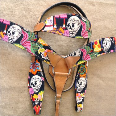 T58 WESTERN LEATHER HORSE HEADSTALL BRIDLE BREAST COLLAR SET FUN PRINT