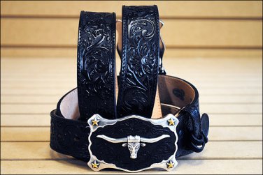 40in. JUSTIN CLASSIC WESTERN GENUINE LEATHER MEN BELT WITH LONGHORN BUCKLE BLACK