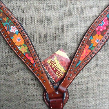 HILASON WESTERN LEATHER HORSE BREAST COLLAR MAHOGANY W/ FLORAL INLAY