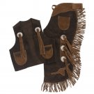 LARGE TOUGH 1 YOUTH SPLIT LEATHER 2 POCKET VEST & CHAP SET W/ LONGHORNS BROWN