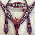 HILASON WESTERN LEATHER HORSE BRIDLE HEADSTALL BREAST COLLAR MAHOGANY BEADED