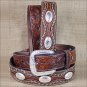 32 INCH WESTERN BROWN LEATHER MENS BELT FLORAL TOOLING SCALLOPED OVERLAY