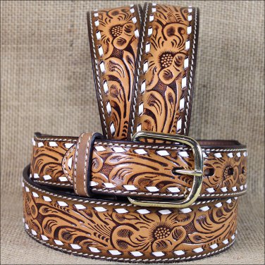 34 X 1 3/4" 3D NATURAL MENS WHITE STITCH FLORAL WESTERN FASHION LEATHER BELT