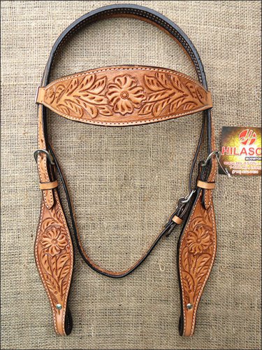 S42 HILASON WESTERN HAND TOOL FLORAL LEATHER HORSE BRIDLE HEADSTALL - LIGHT OIL