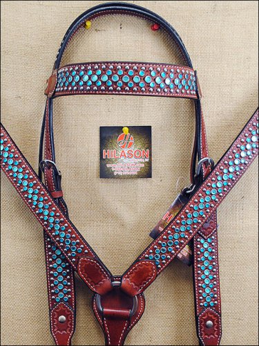 HILASON WESTERN LEATHER HORSE HEADSTALL BREAST COLLAR W/ RHINESTONES DARK OIL -S