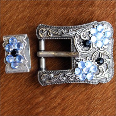 SET OF 2 BLACK BLUE CRYSTALS ANTIQUE SILVER FINISH BUCKLE SET BELT HEADSTALL