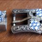 SET OF 2 BLACK BLUE CRYSTALS ANTIQUE SILVER FINISH BUCKLE SET BELT HEADSTALL