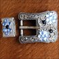 SET OF 2 BLACK BLUE CRYSTALS ANTIQUE SILVER FINISH BUCKLE SET BELT HEADSTALL