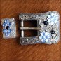 SET OF 2 BLACK BLUE CRYSTALS ANTIQUE SILVER FINISH BUCKLE SET BELT HEADSTALL
