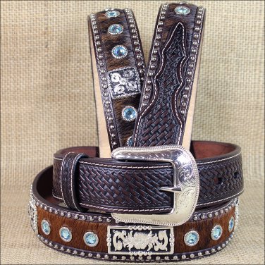40 X 1 1/2" 3D BROWN MENS BLUE CRYSTELS WESTERN FASHION LEATHER HAIR ON BELT