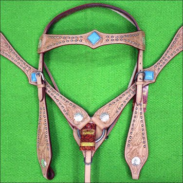 WESTERN LEATHER HORSE BRIDLE HEADSTALL BREAST COLLAR TAN W/ TURQUOISE CONCHO
