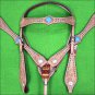 WESTERN LEATHER HORSE BRIDLE HEADSTALL BREAST COLLAR TAN W/ TURQUOISE CONCHO