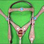 WESTERN LEATHER HORSE BRIDLE HEADSTALL BREAST COLLAR TAN W/ TURQUOISE CONCHO
