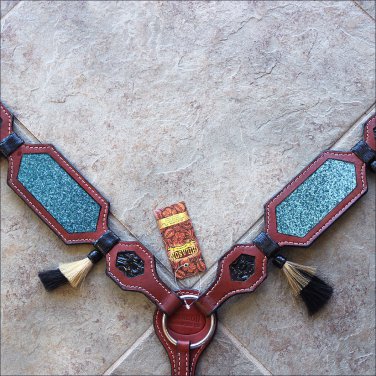 HILASON WESTERN LEATHER HORSE BREAST COLLAR MAHOGANY TURQUOISE INLAY