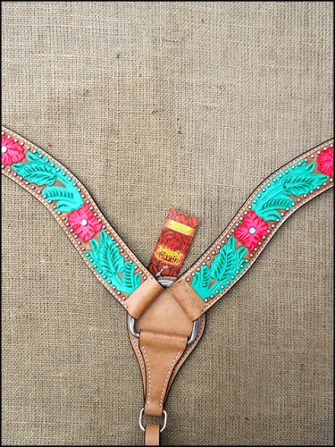 S272 NEW HILASON WESTERN LEATHER HORSE BREAST COLLAR HAND PAINT GREEN RED