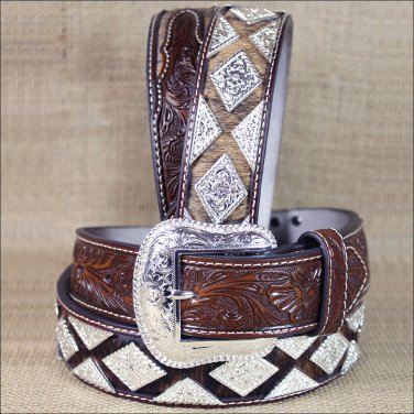 46 INCH WESTERN NOCONA LEATHER MENS BELT HAIR DIAMOND CONCHOS DARK BROWN