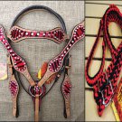 HILASON WESTERN LEATHER HORSE HEADSTALL  BREAST COLLAR REINS RED ZEBRA HAIR ON