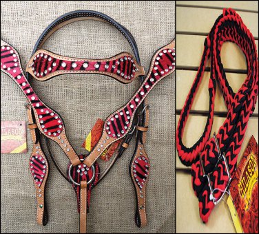 HILASON WESTERN LEATHER HORSE HEADSTALL  BREAST COLLAR REINS RED ZEBRA HAIR ON