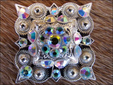 SET OF 2 SILVER FINISH AB STONE CRYSTAL RHINESTONE SQUARE CONCHOS HEADSTALL