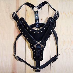 DH101F- HILASON BLACK PADDED GENUINE LEATHER DOG HARNESS W/ MATCHING LEASH LRG