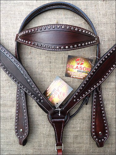S463 HILASON WESTERN LEATHER HORSE BRIDLE HEADSTALL BREAST COLLAR - DARK BROWN
