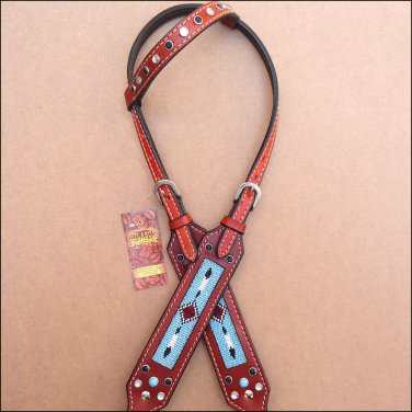 HILASON WESTERN LEATHER BRIDLE HEADSTALL MAHOGANY TURQUOISE BEADED INLAY