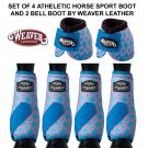 SET OF 4 BLUE QUATREFOIL ATHLETIC HORSE LEG BOOT AND 2 NO TURN BELL BOOTS WEAVER