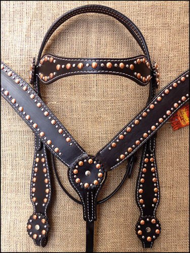 HILASON WESTERN LEATHER HORSE BRIDLE HEADSTALL BREAST COLLAR WITH STUDS - BLACK