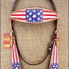 S581 NEW HILASON WESTERN LEATHER HORSE BRIDLE HEADSTALL HAND PAINT US FLAG