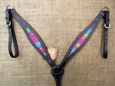 HILASON WESTERN LEATHER HORSE BREAST COLLAR BLACK W/ BUBBLES INLAY