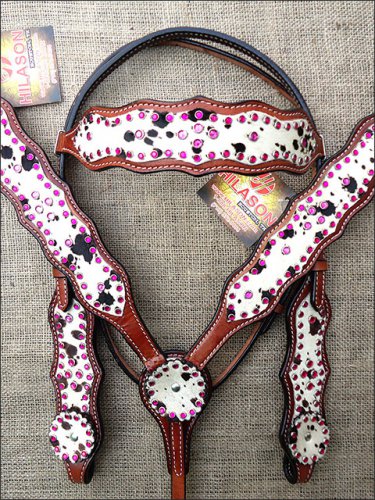 S41 HILASON WESTERN COWHIDE HAIR ON LEATHER HORSE BRIDLE HEADSTALL BREAST COLLAR